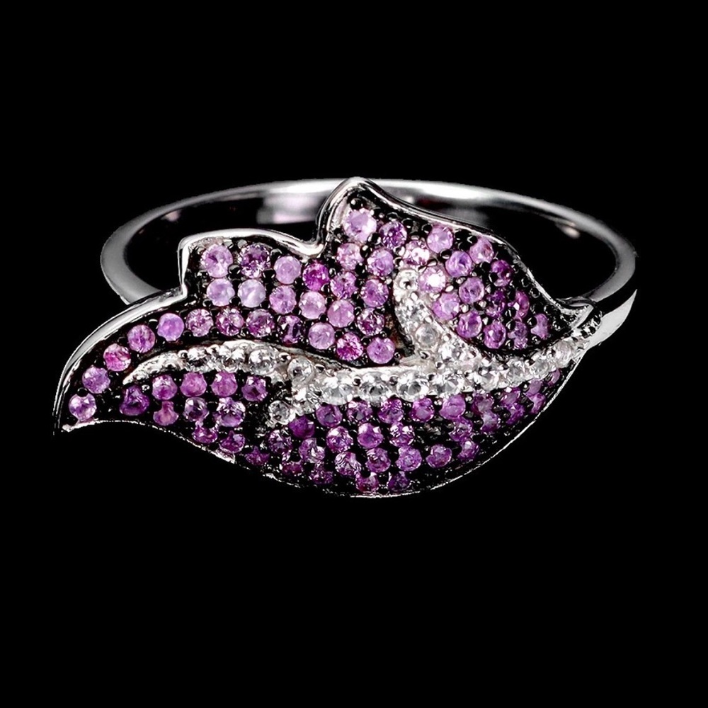 Natural Pink Sapphire & White Topaz Diamond Cut in 925 Sterling silver Ring Sz 9